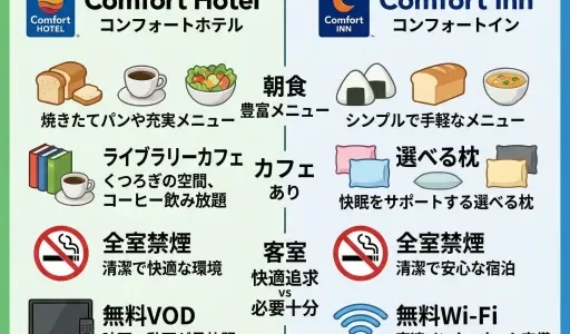 コンフォートホテルとコンフォートインの違いを比較｜料金や朝食や立地の特徴